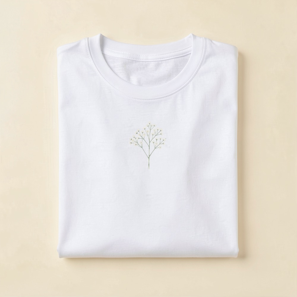 Folded natural-white t-shirt with a watercolour baby's breath sprig printed on the chest