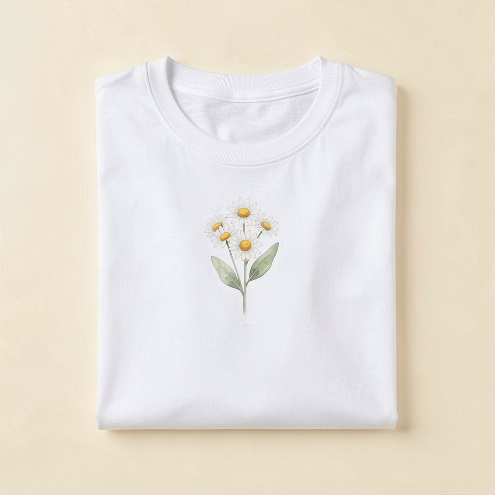 Folded natural-white t-shirt with a watercolour chamomile flower printed on the chest