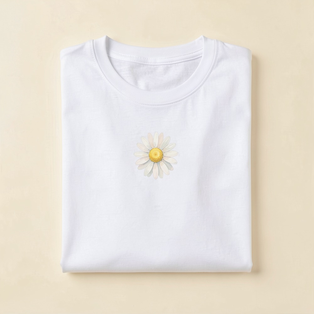 Folded natural-white t-shirt with a watercolour daisy printed on the chest