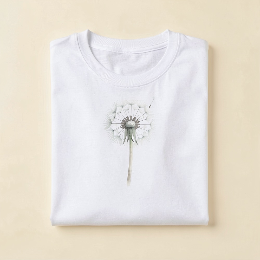 Folded natural-white t-shirt with a watercolour dandelion seed head printed on the chest
