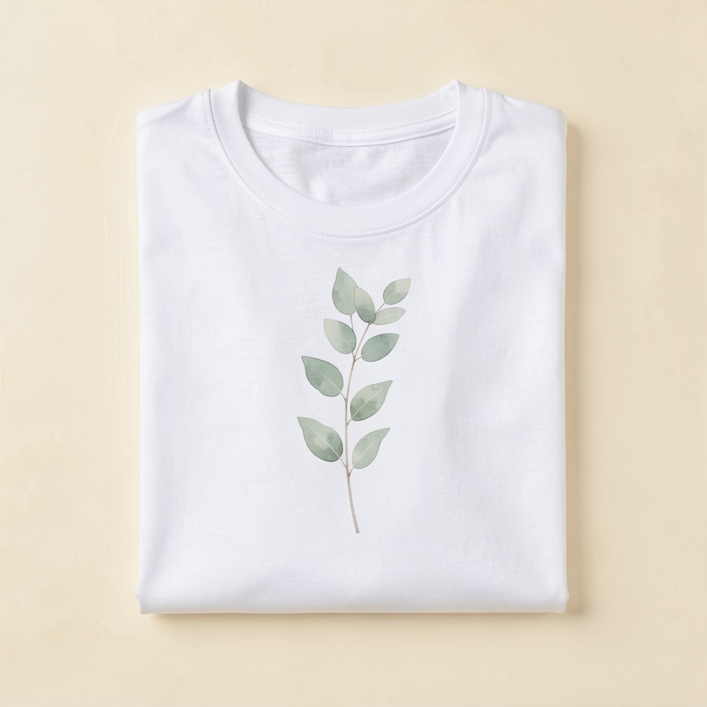 Folded natural-white t-shirt with a watercolour eucalyptus sprig printed on the chest