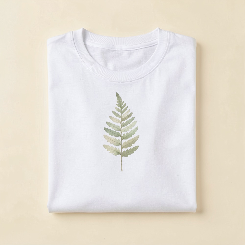 Folded natural-white t-shirt with a watercolour fern leaf printed on the chest