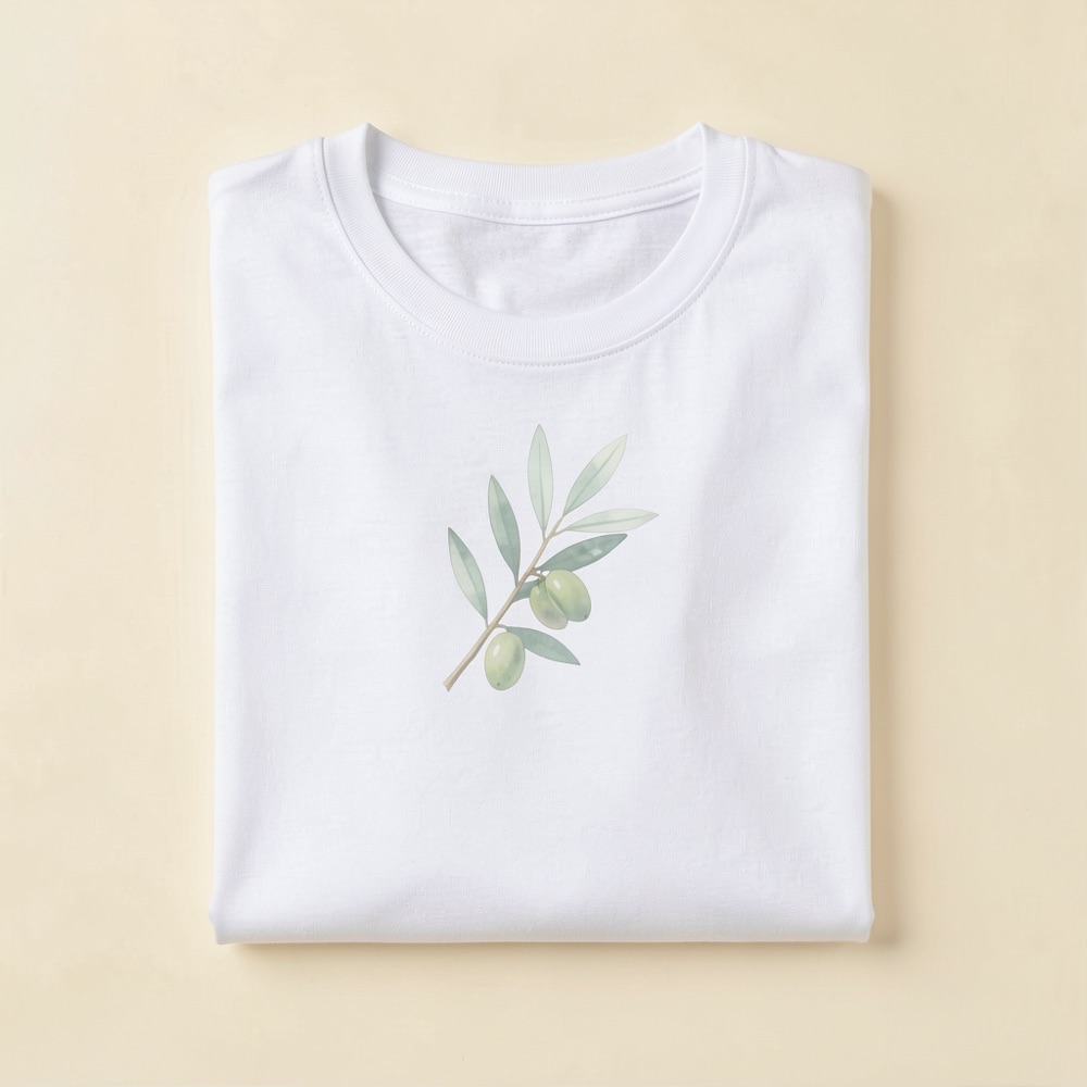Folded natural-white t-shirt with a watercolour olive branch printed on the chest