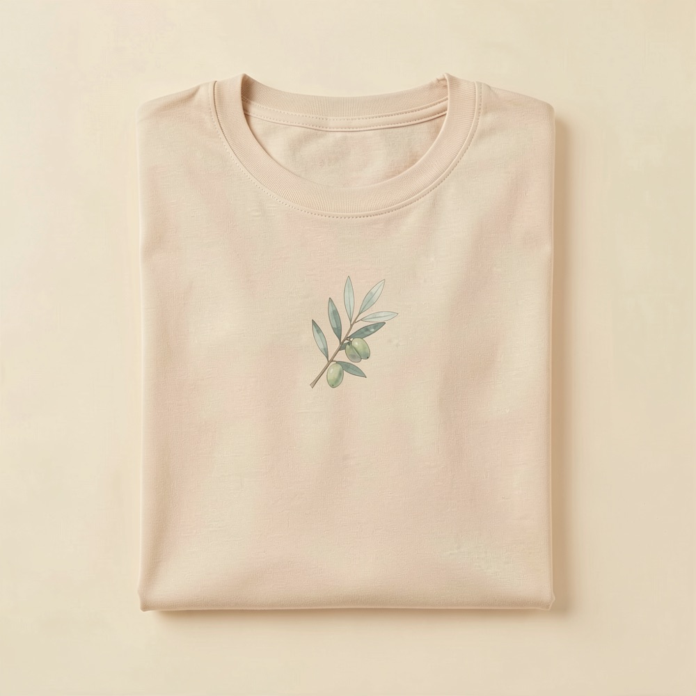 Folded warm-sand t-shirt with a watercolour olive branch printed on the chest