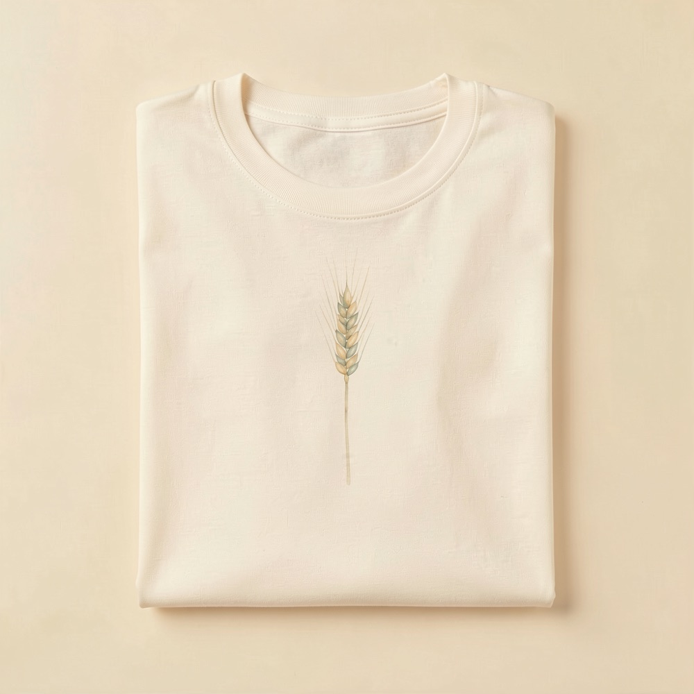 Folded cream t-shirt with a watercolour wheat stalk printed on the chest